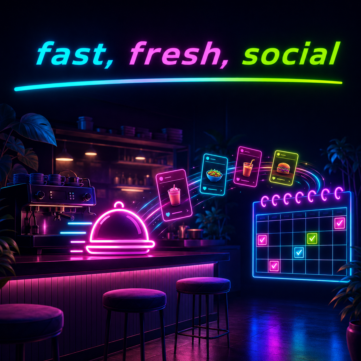 Fast, fresh, social: a neon cafe counter sending posts to a content calendar
